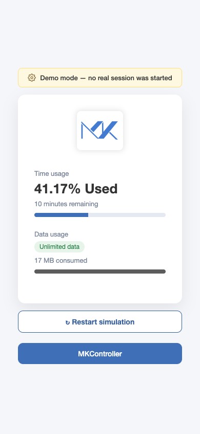 Connected status screen with live time and data usage