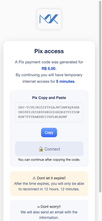 Pagamento via Pix na tela de login do portal cativo